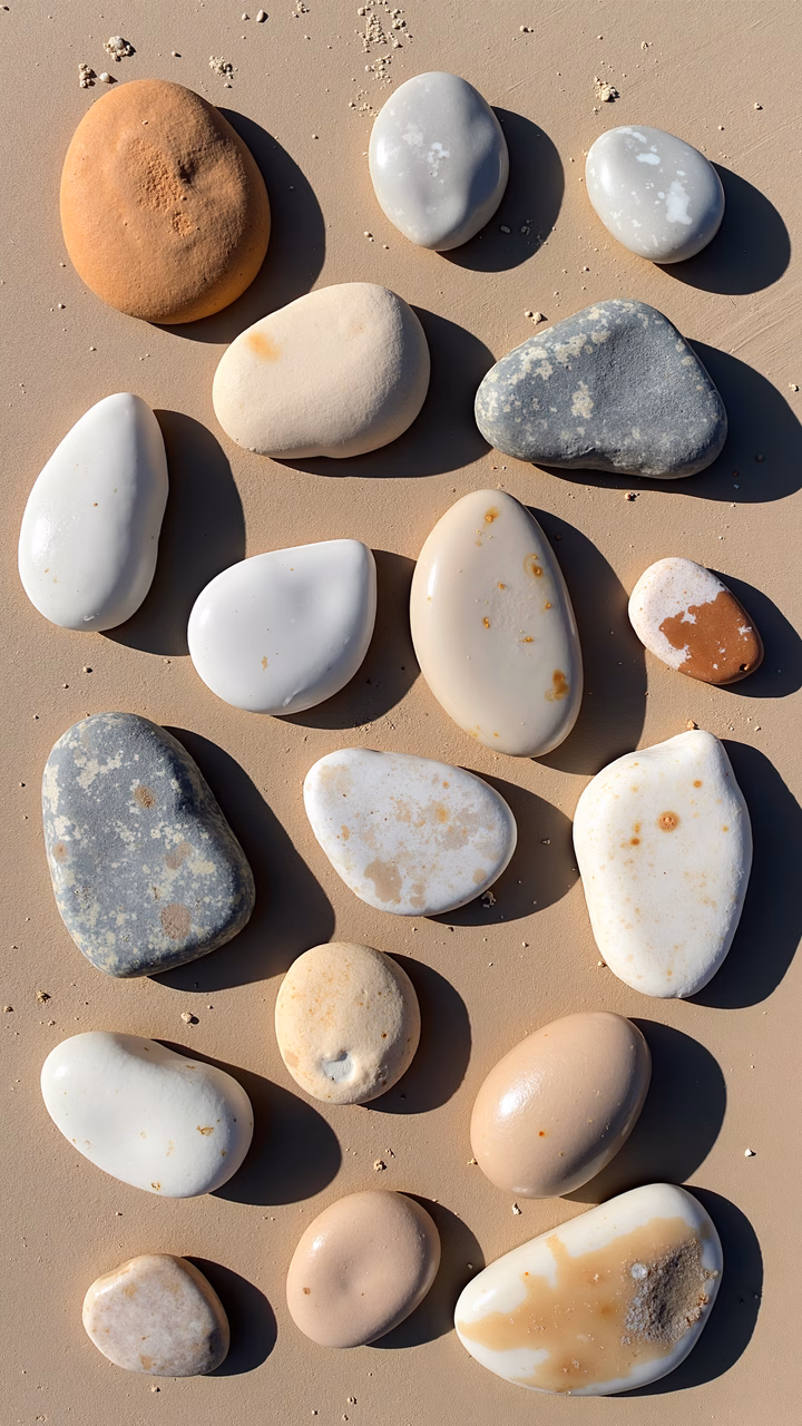 Smooth stones on a sandy beach under bright sunlight.