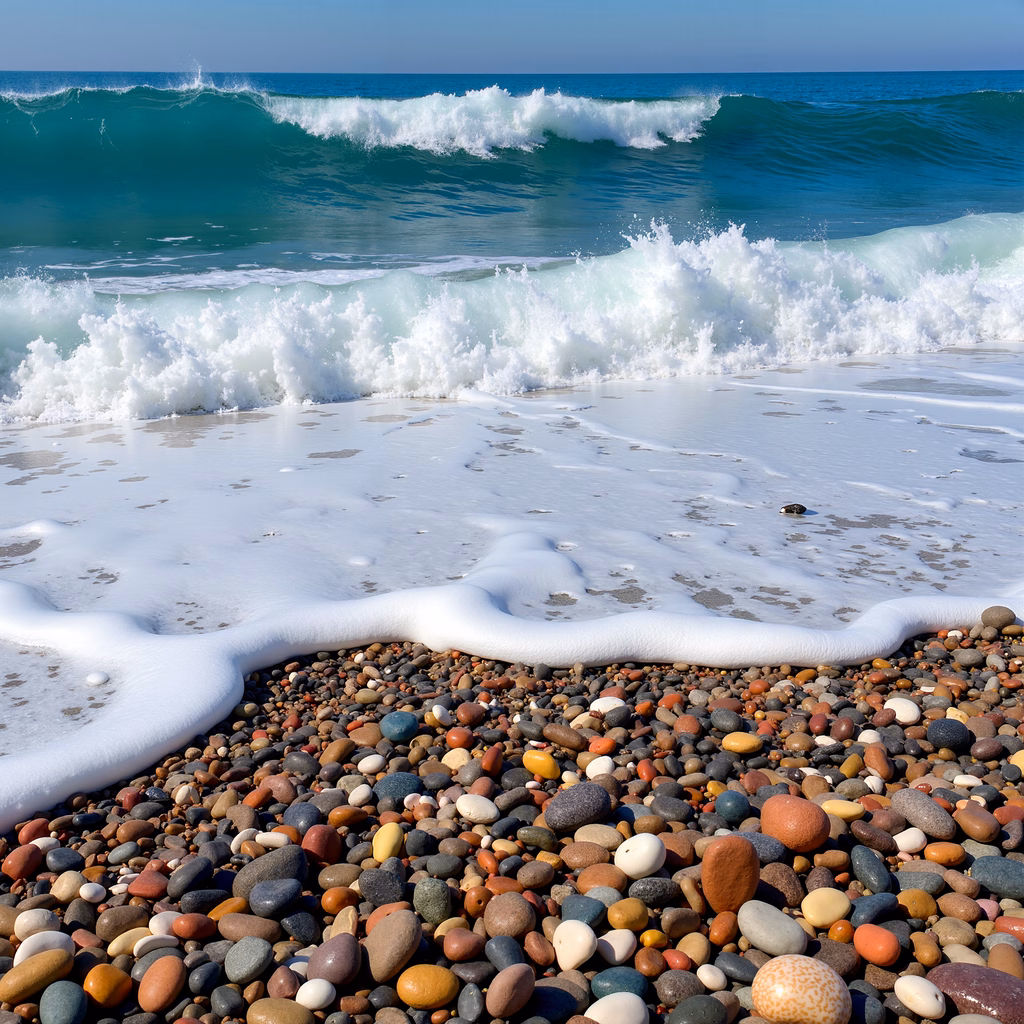 Dynamic ocean waves against a colorful pebble beach under a clear sky.