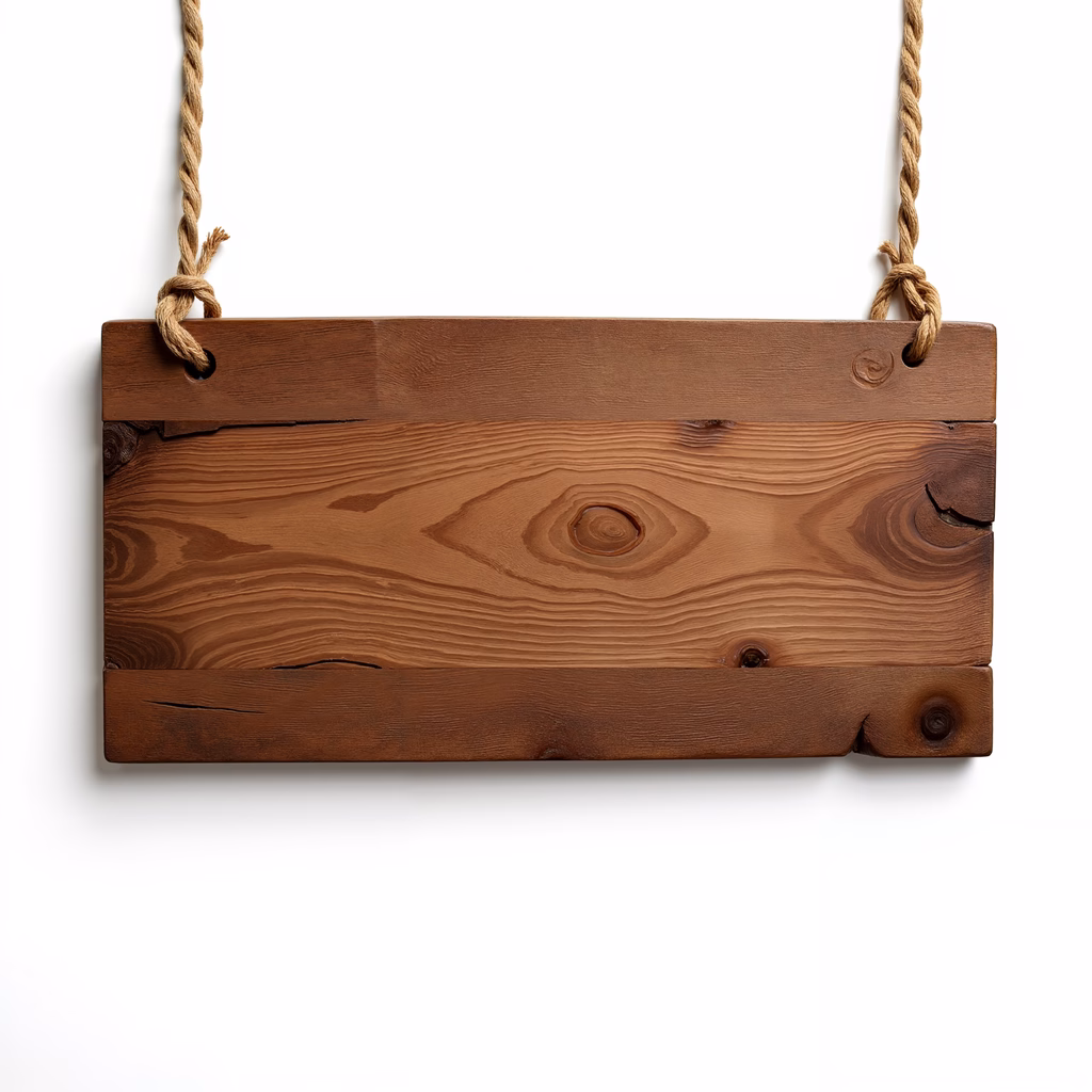 Aged wooden sign hanging against a white background, showcasing natural grain and knots.