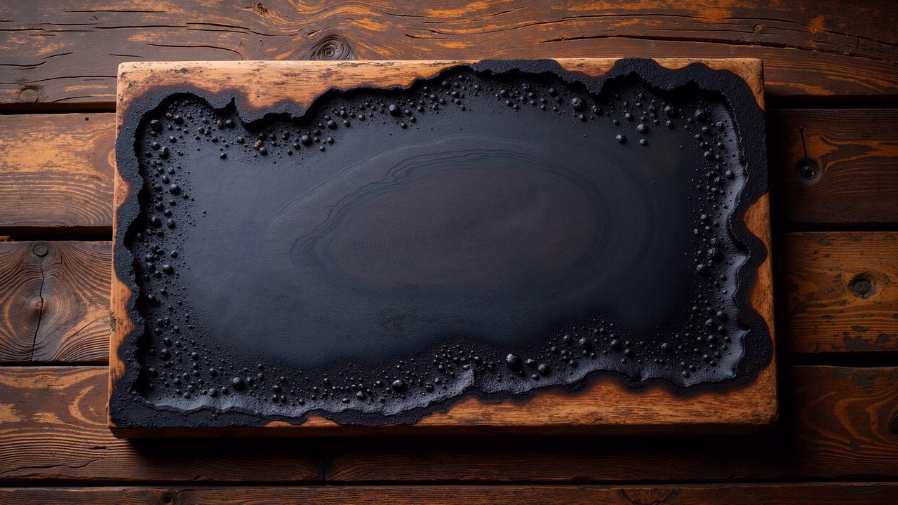A striking burnt wood plaque with glossy center and charred edges.