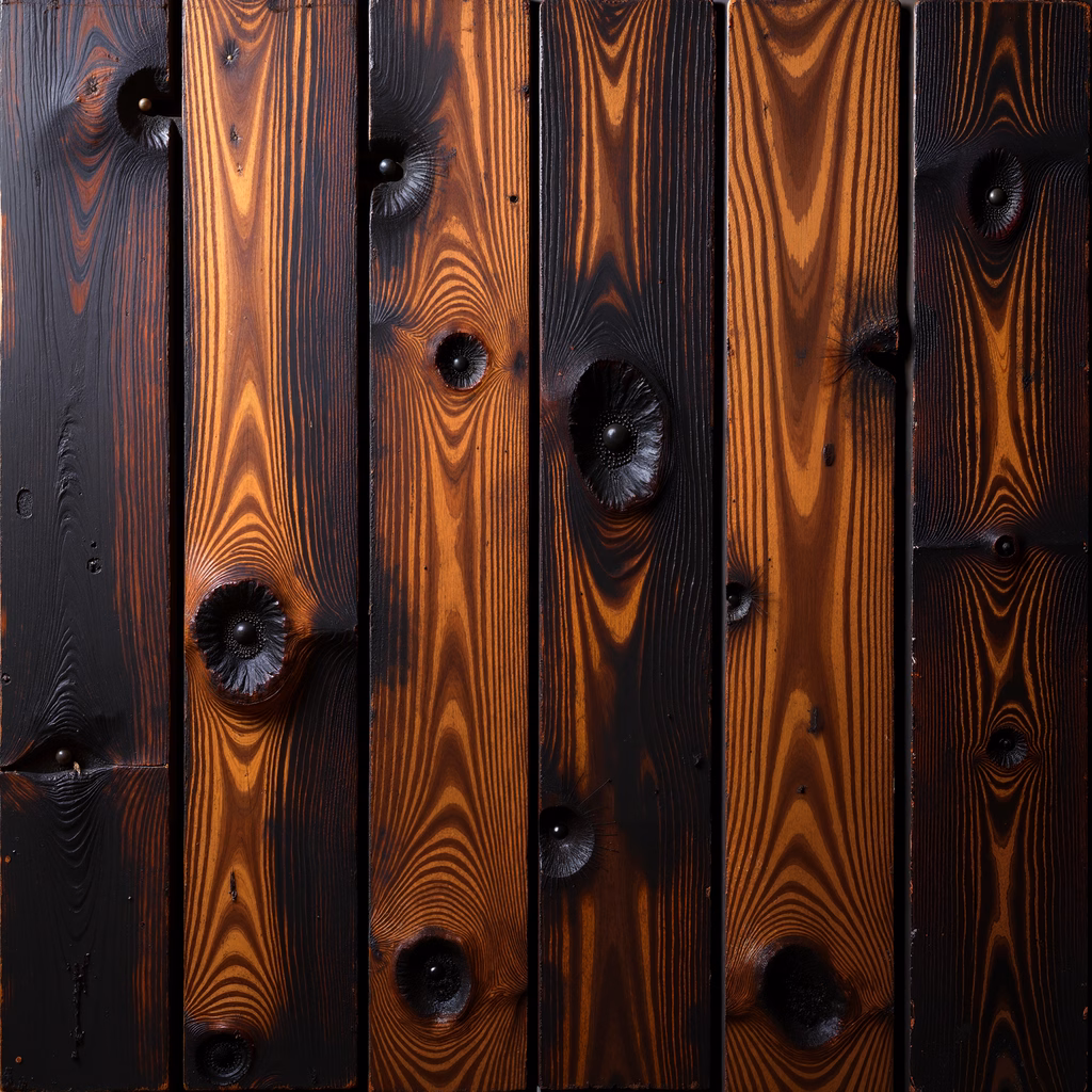 Close-up of burnt wood planks with rich, dark tones and detailed textures.
