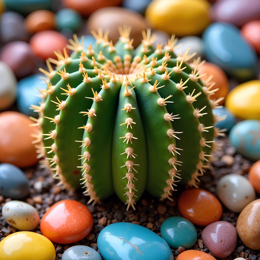 A cactus surrounded by colorful Easter eggs, blending nature and celebration.
