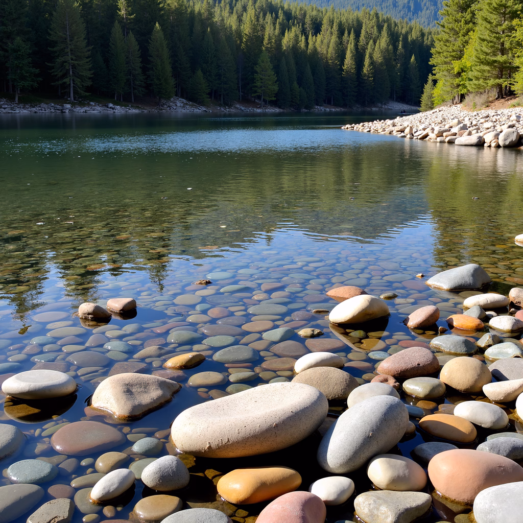 A peaceful lakeside scene with reflective water and smooth stones.