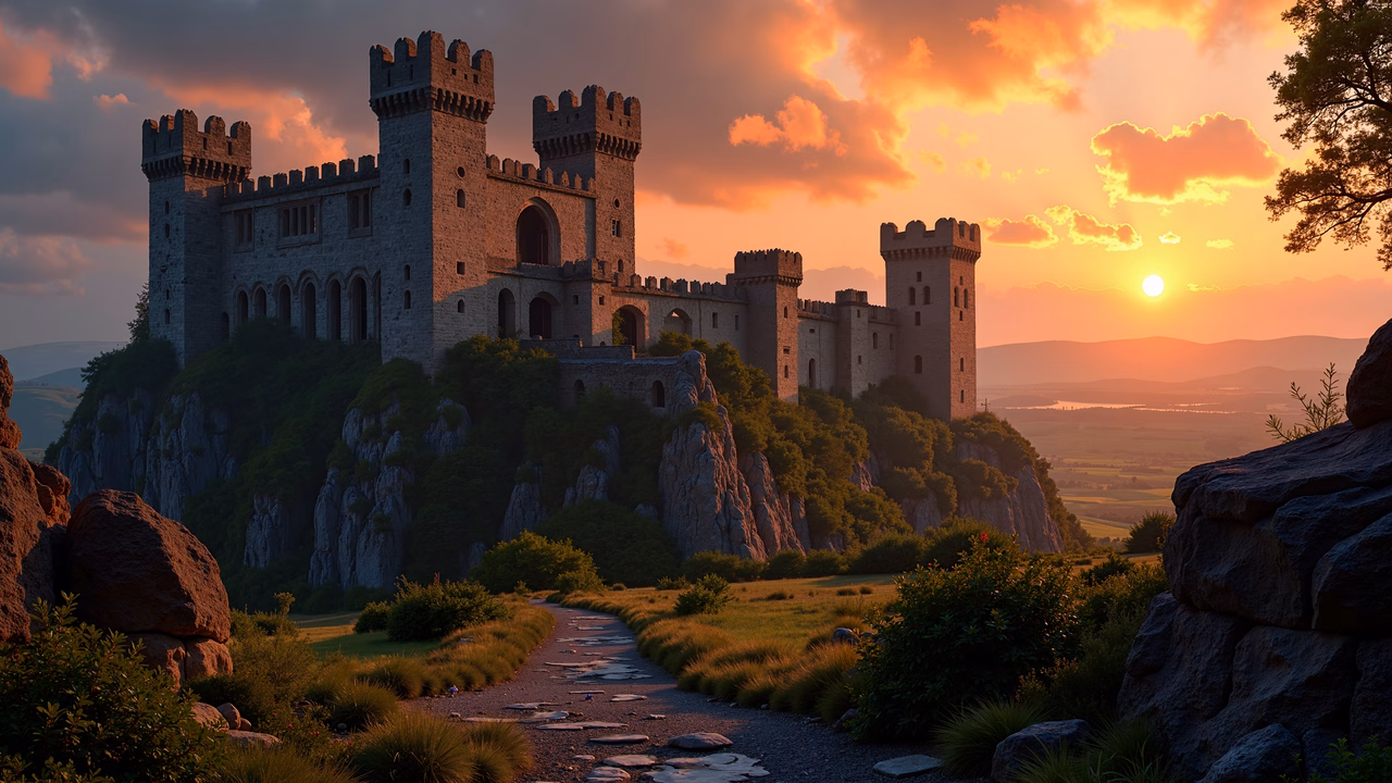 A picturesque castle at sunset, blending medieval charm with natural beauty.