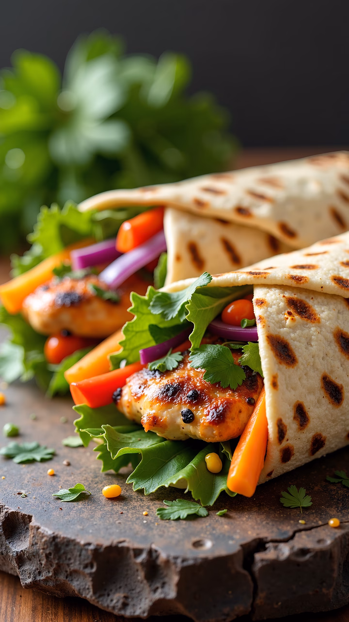 Freshly prepared chicken wrap with grilled chicken and colorful vegetables.