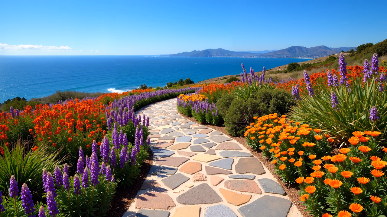A tranquil pathway through colorful flowers leading to the ocean.
