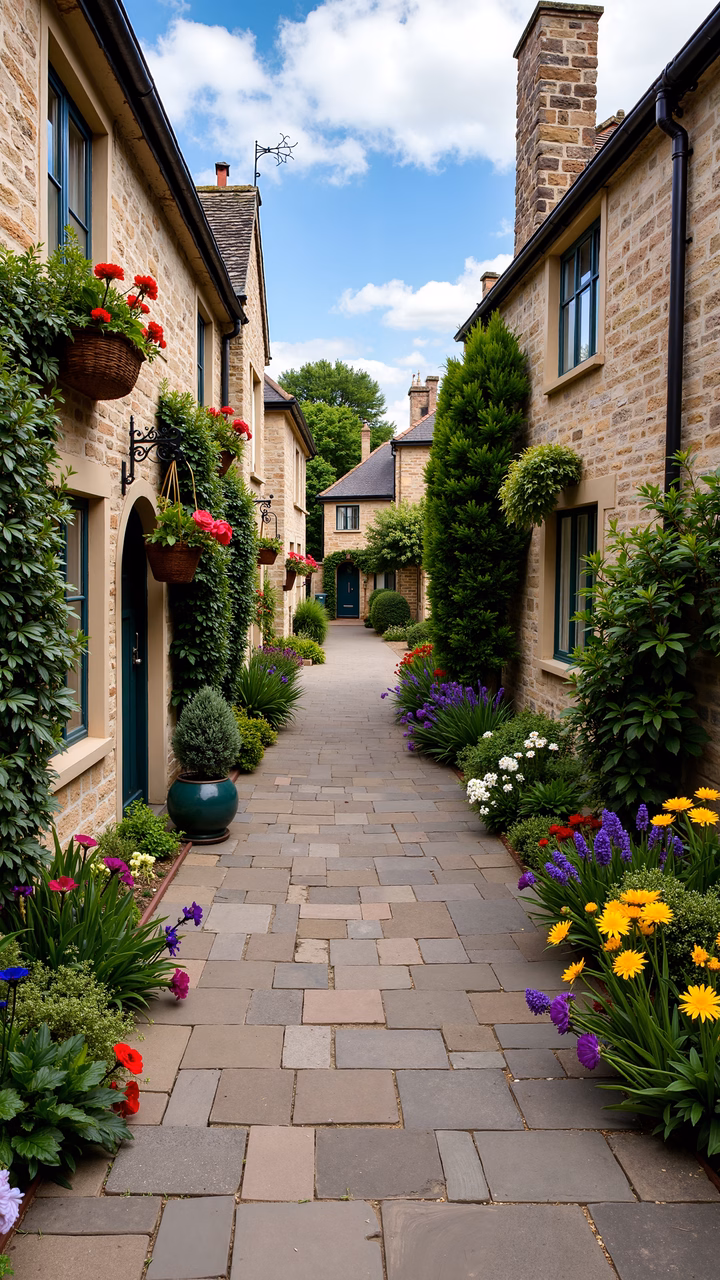 A tranquil cobbled lane lined with stone houses and blooming flowers under a clear blue sky.