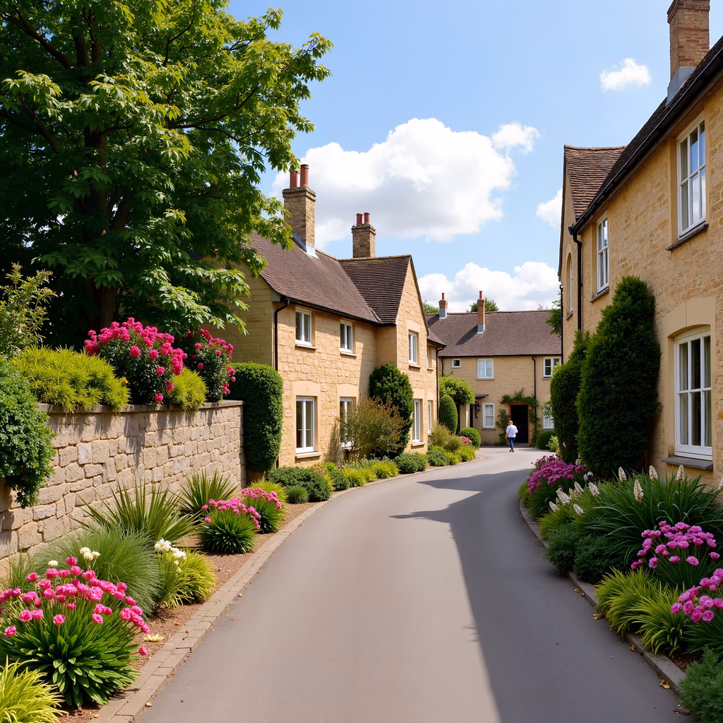 A charming cobblestone street with stone houses and vibrant flowers under a blue sky.
