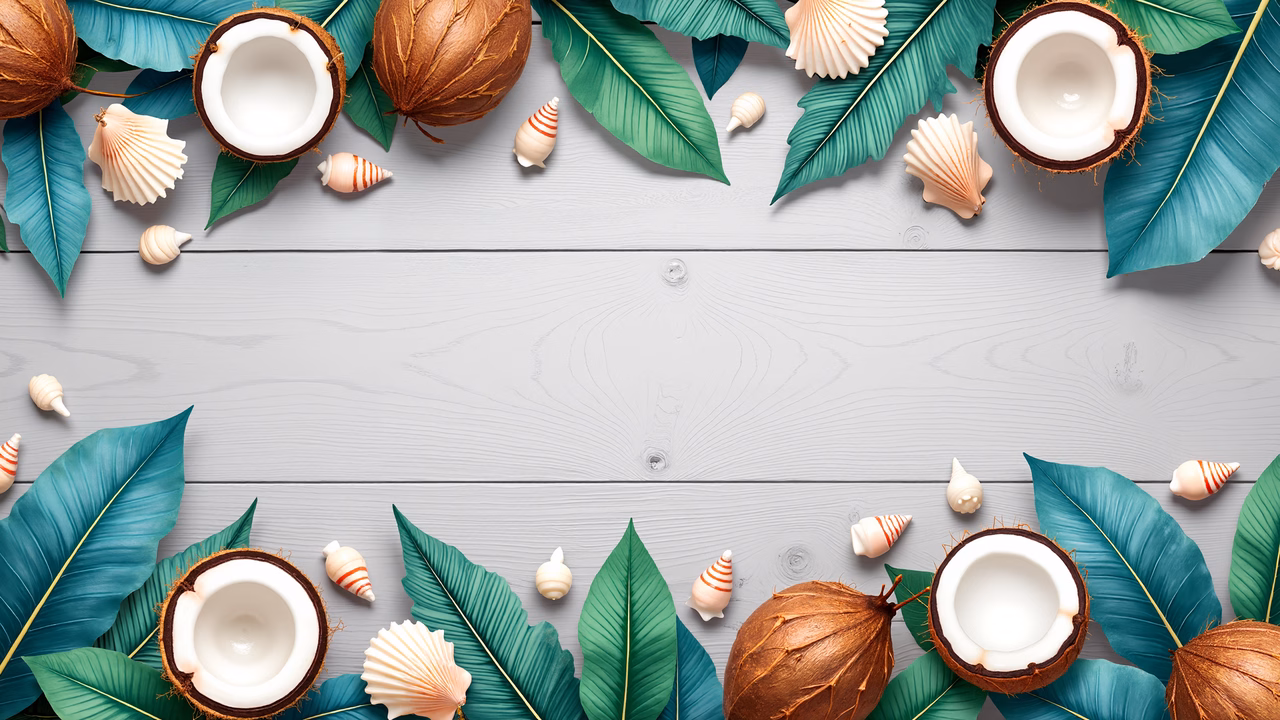 Tropical border with coconuts and seashells on a wooden surface.