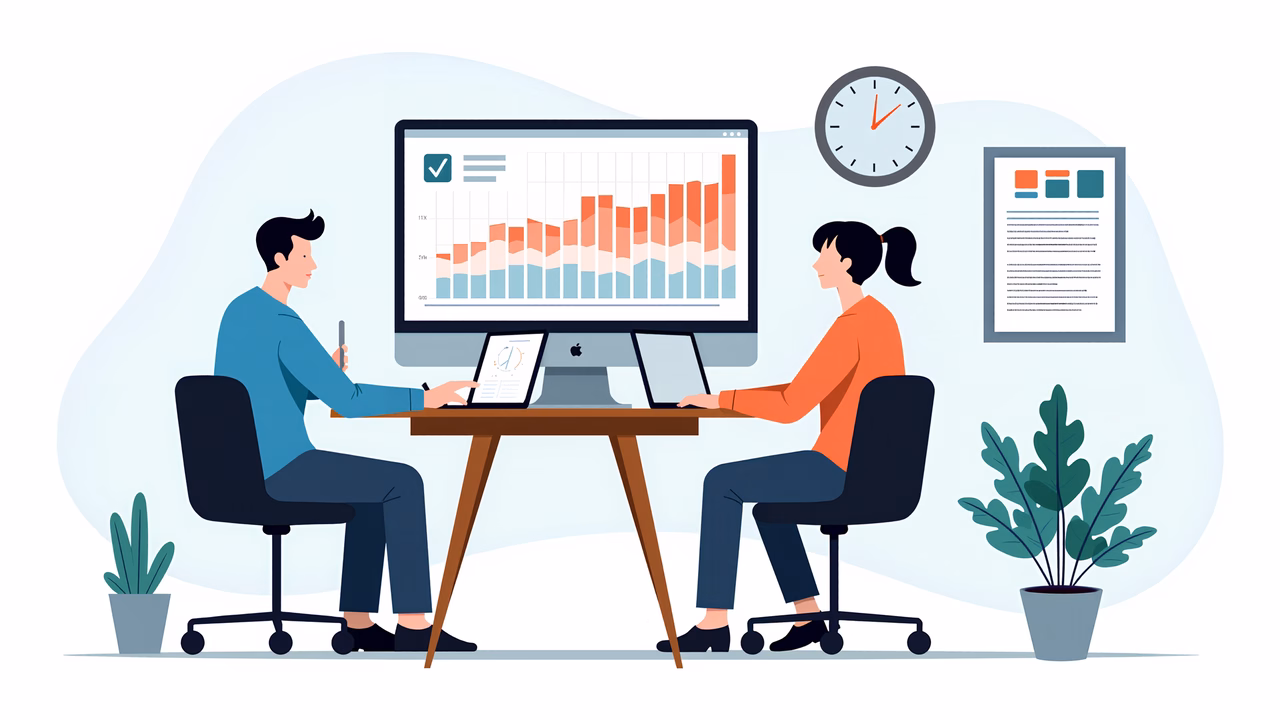 Two professionals collaborate on data analysis in a modern office setting.