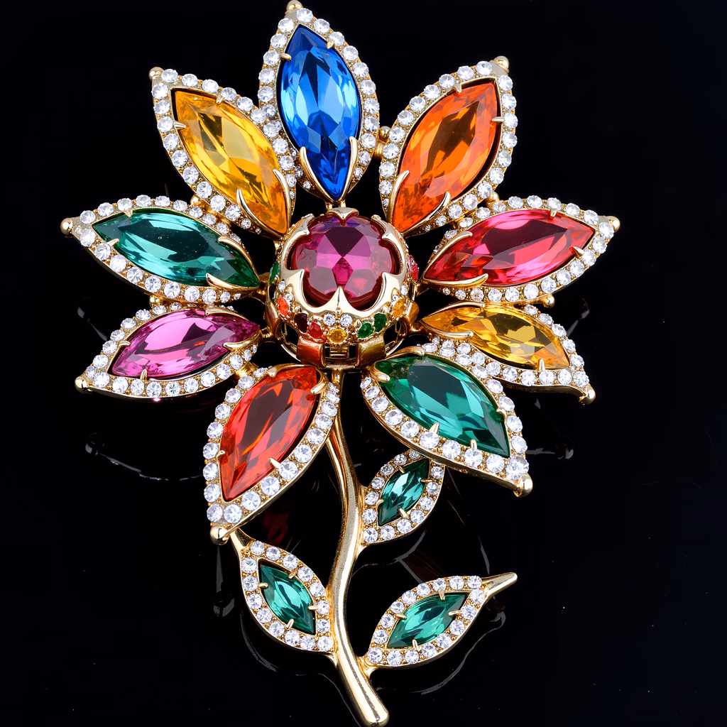 Vibrant crystal flower brooch with colorful gemstones and gold accents.