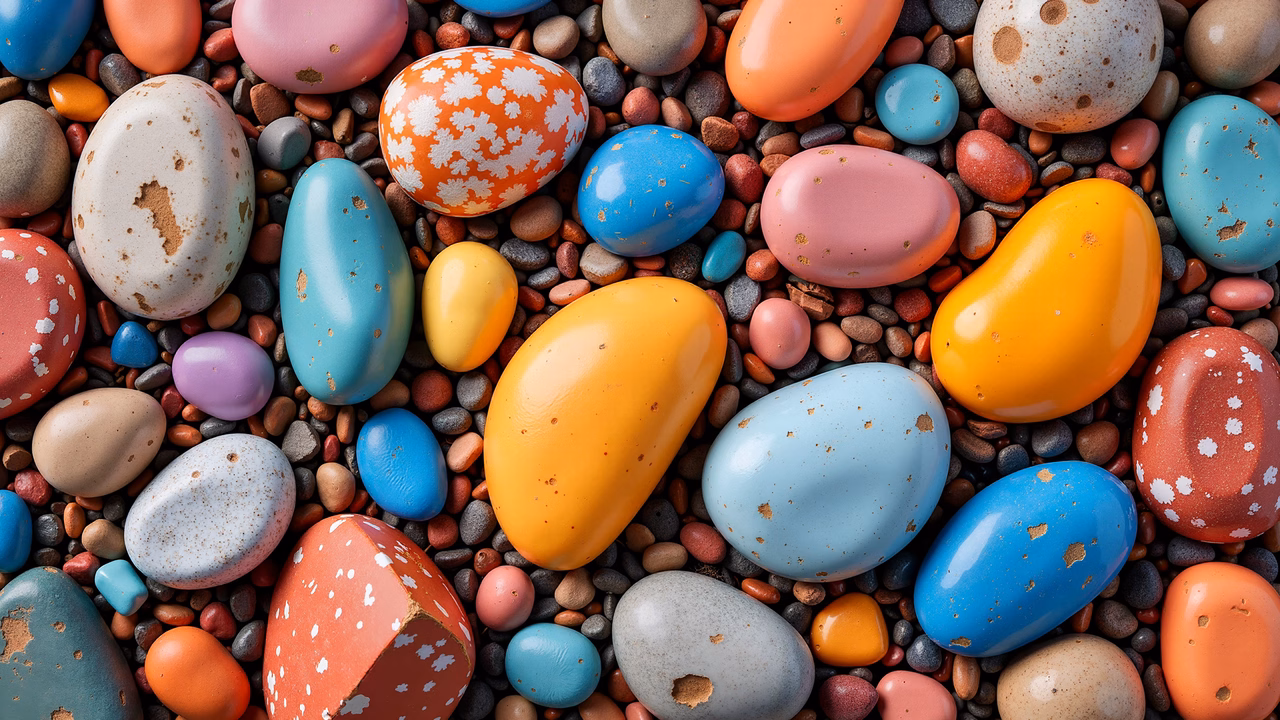 Vibrant Easter eggs scattered among stones, celebrating springtime joy.