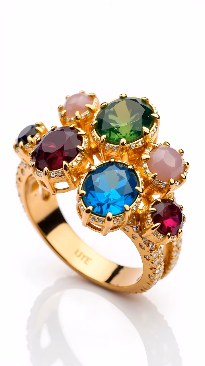 Elegant gemstone ring with colorful stones and sparkling diamonds.