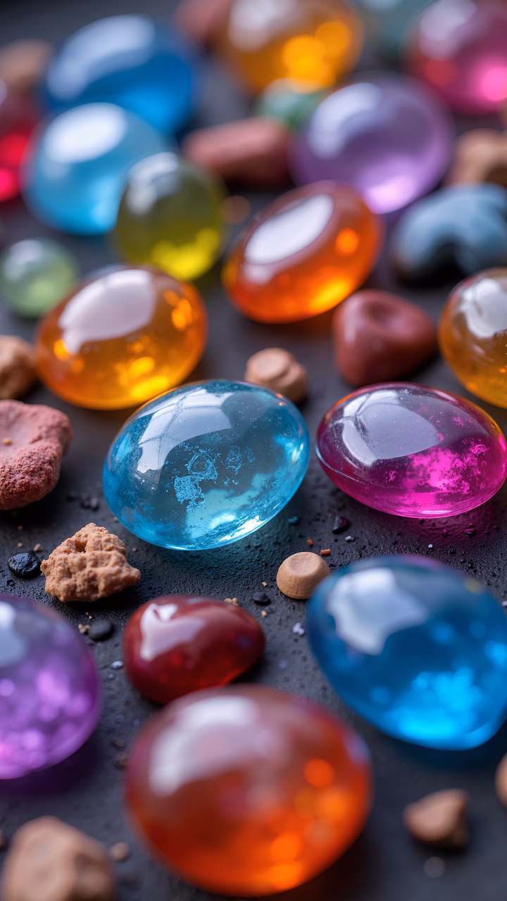Vibrant gemstones with glossy reflections on a dark background.
