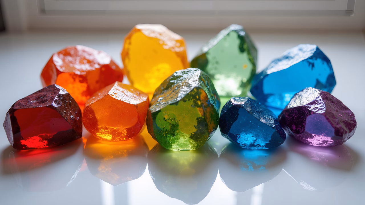 Vibrant gemstones in a rainbow spectrum, glossy reflections, artistic photography