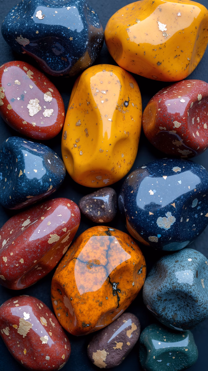 Vibrant gemstones with gold specks in a glossy finish