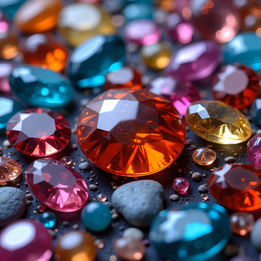 Close-up photo of colorful gemstones reflecting light on a dark background.