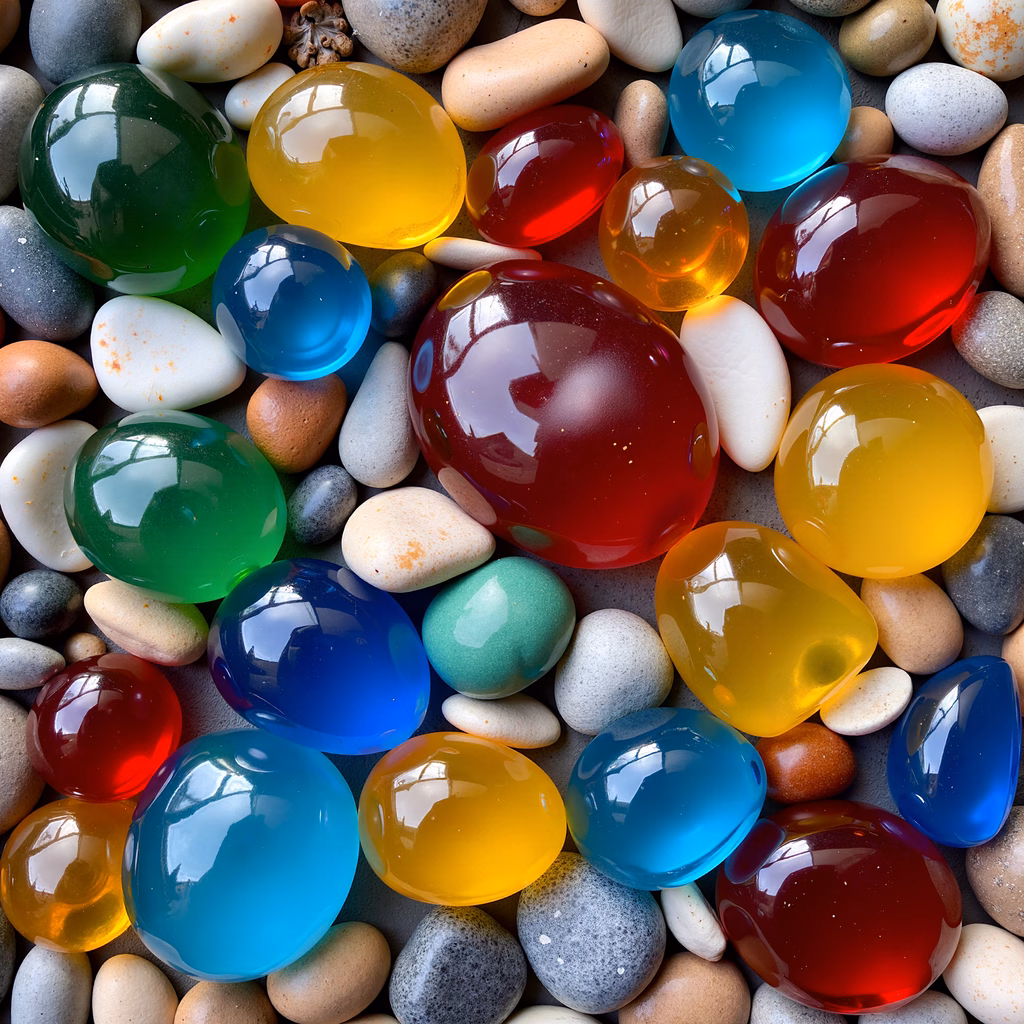Vibrant marbles and pebbles in a playful arrangement