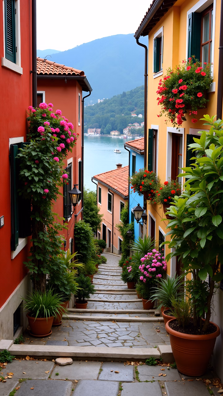Vibrant Mediterranean village with colorful houses and blooming flowers.