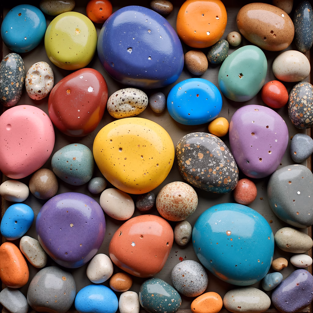 Brightly colored, speckled rocks create a dynamic and cheerful illustration.