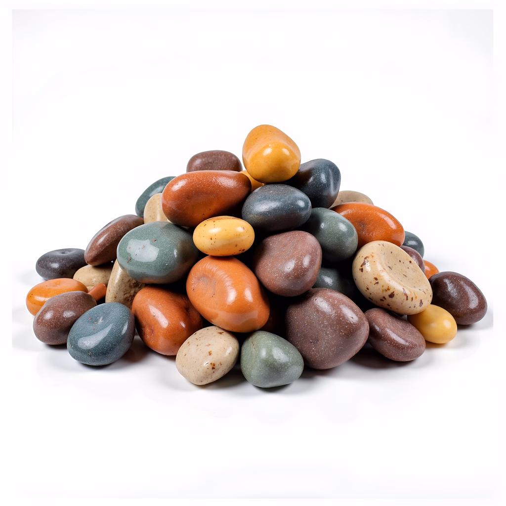 A colorful assortment of smooth pebbles on a white background.