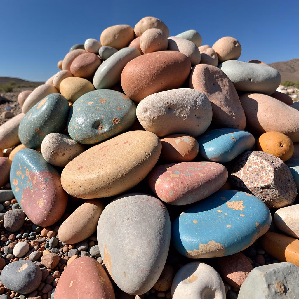 Vibrant pebbles under a clear blue sky