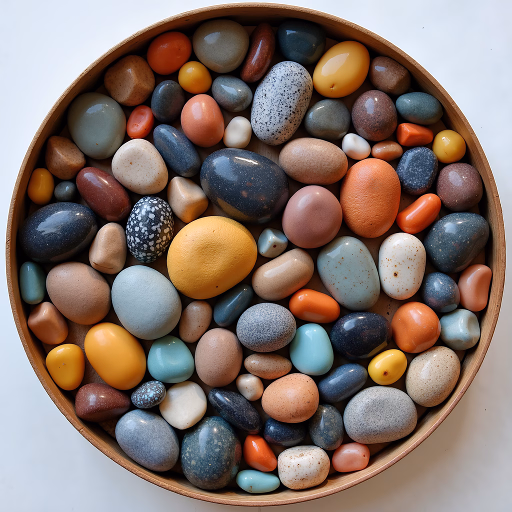 A colorful assortment of pebbles in a wooden bowl, showcasing their diverse textures and hues.