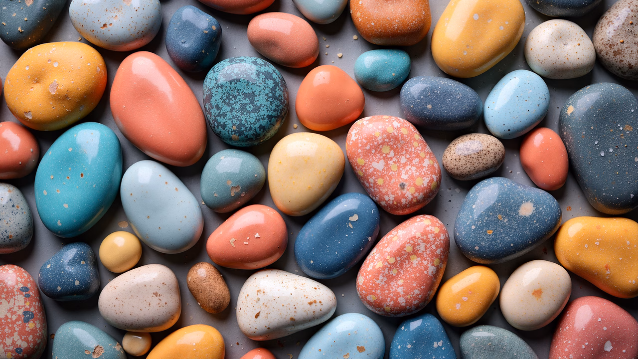 Vibrant pebbles with unique textures and colors.