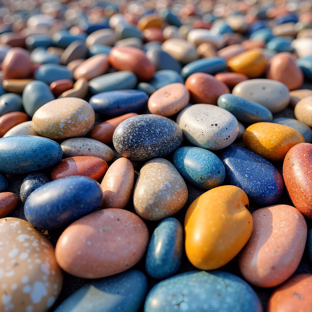 Close-up of colorful, textured pebbles under natural light.