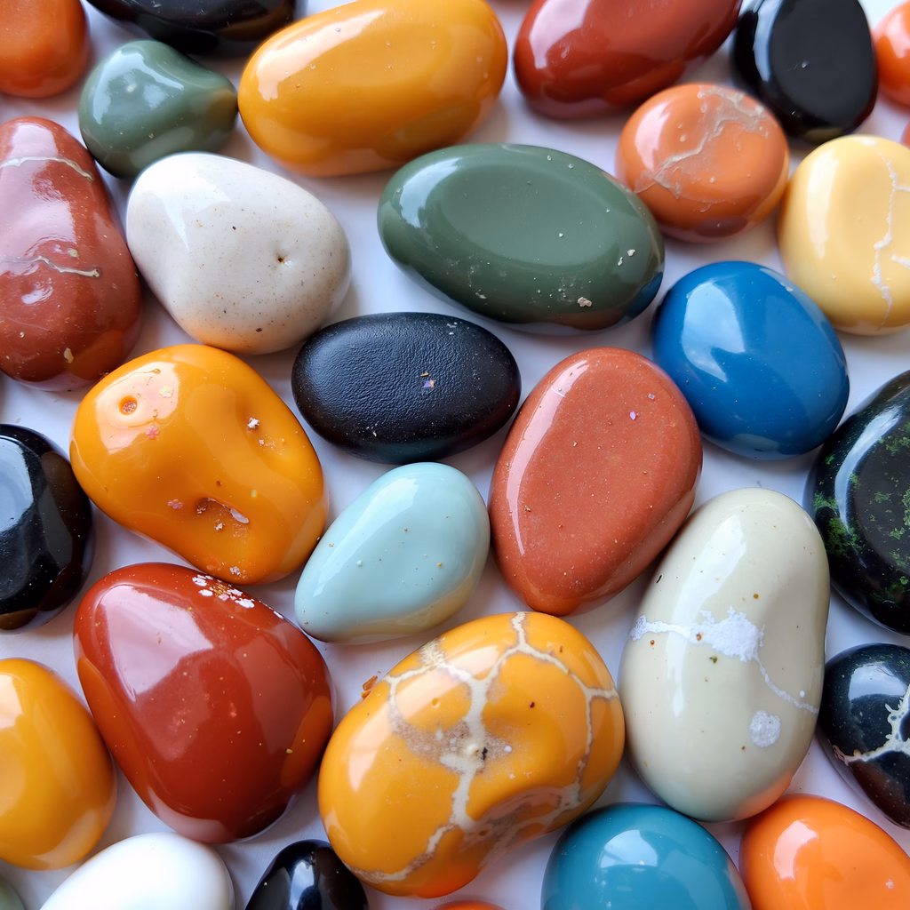 Vibrant polished stones in various colors, showcasing natural beauty and variety.