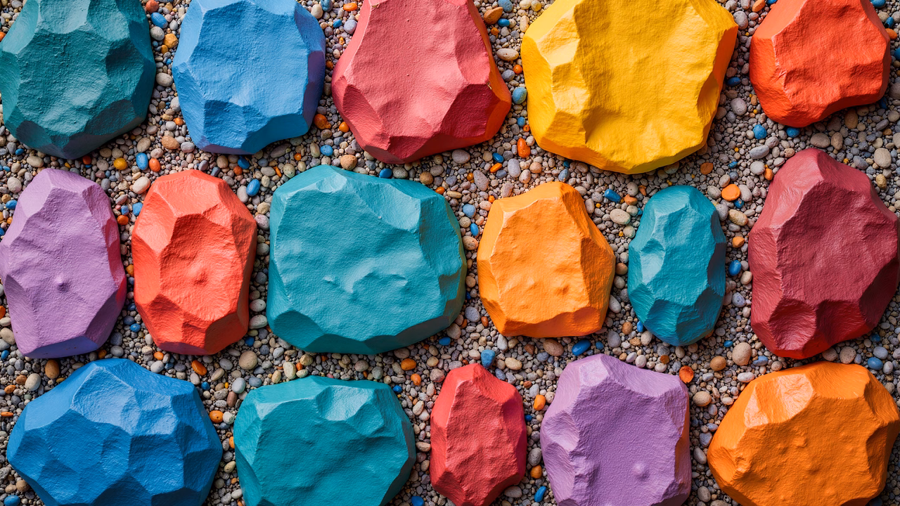 Brightly colored rocks on a pebble bed, artistic illustration