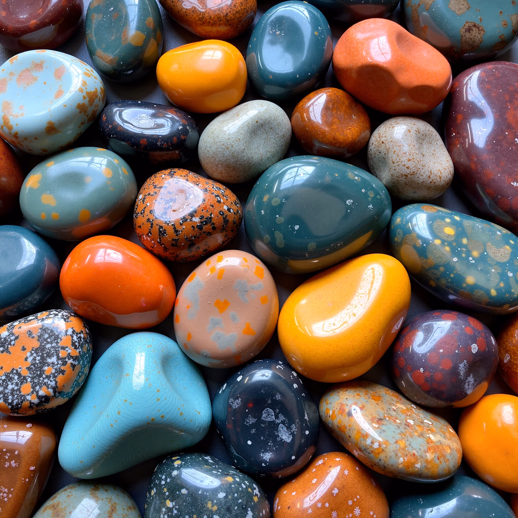 A detailed illustration of colorful, textured rocks with a glossy finish.