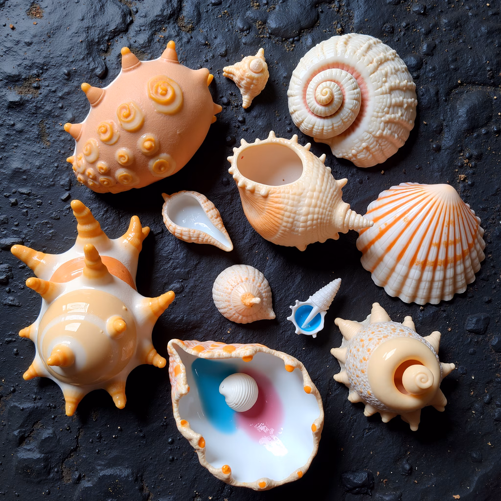 A collection of colorful seashells against a dark background, capturing their natural beauty.
