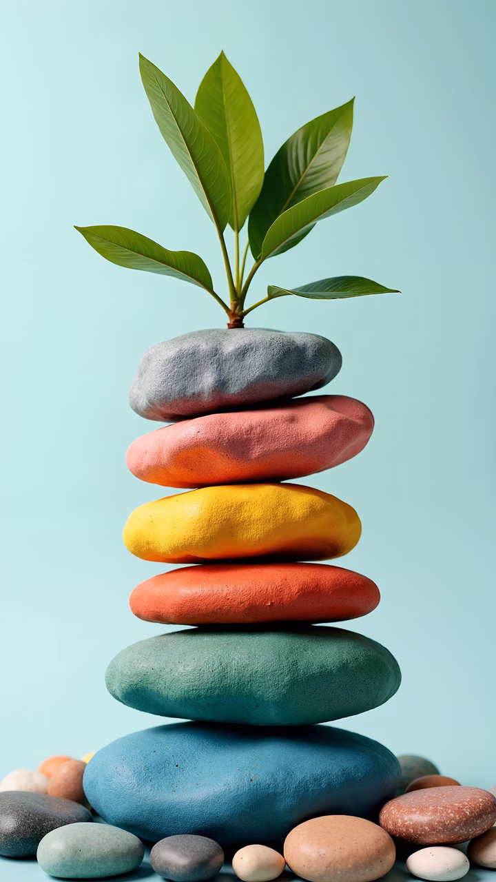 A serene stack of colorful stones with a sprouting plant, symbolizing balance and growth.