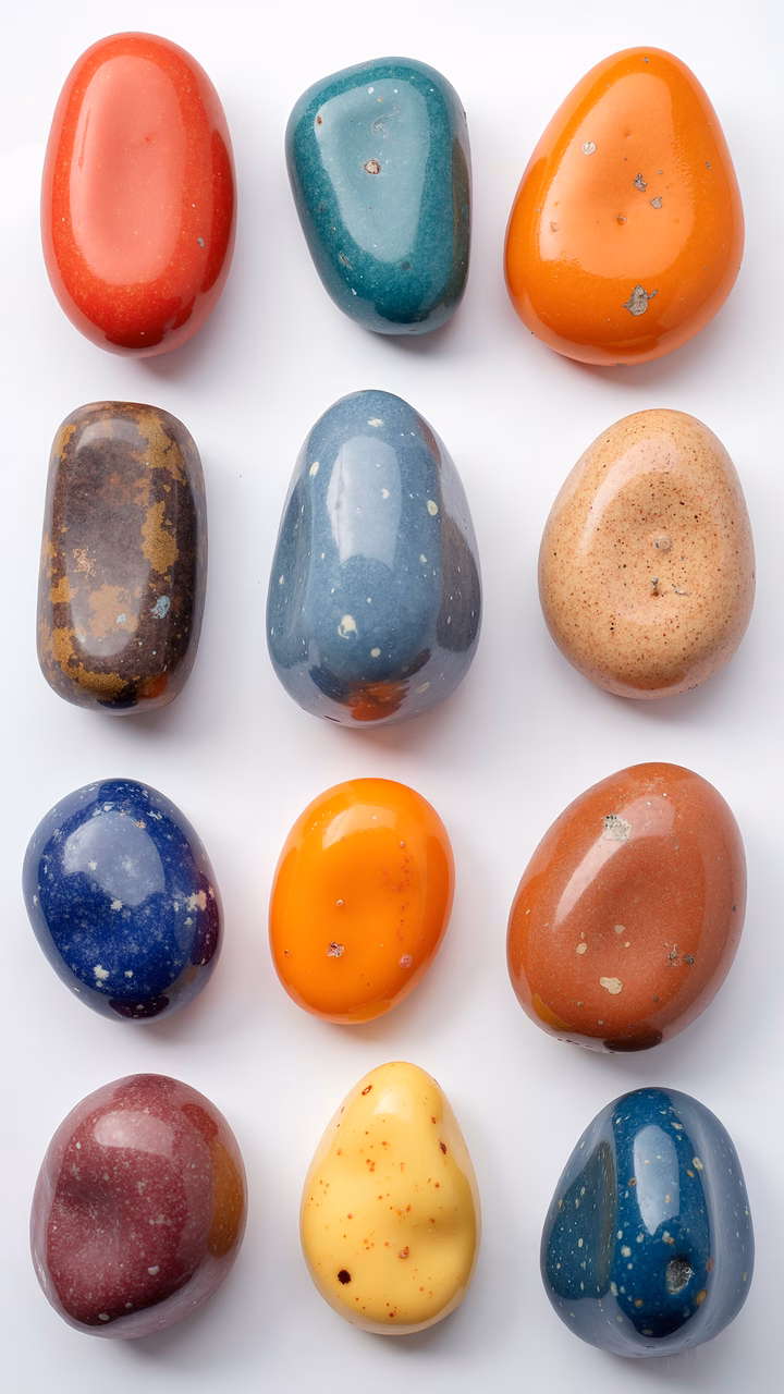 A grid of colorful, glossy stones on a white background.