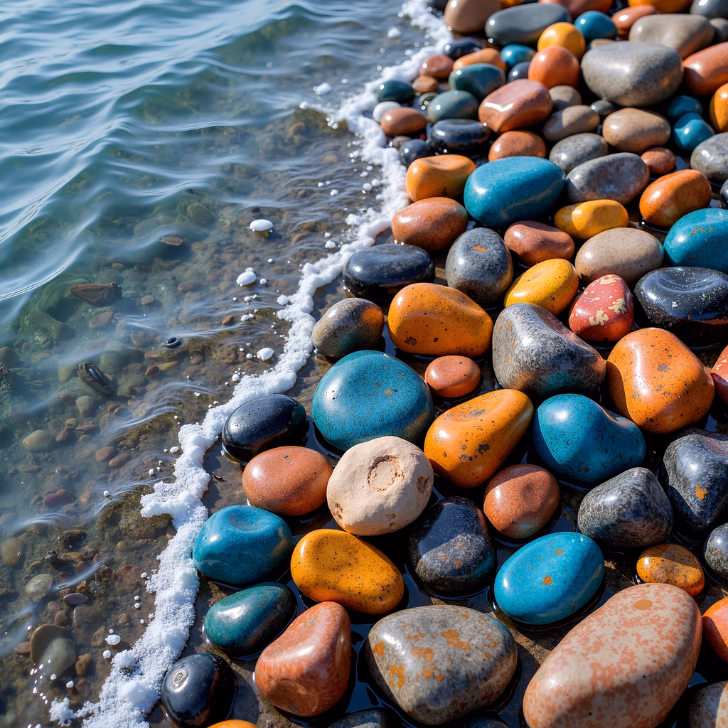 Vibrant stones meet the calm sea under sunny skies.