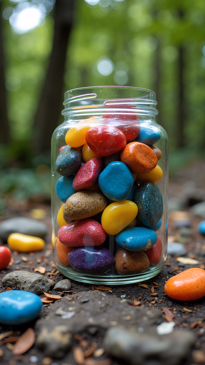 Close-up of colorful stones in a jar amidst a forest setting.