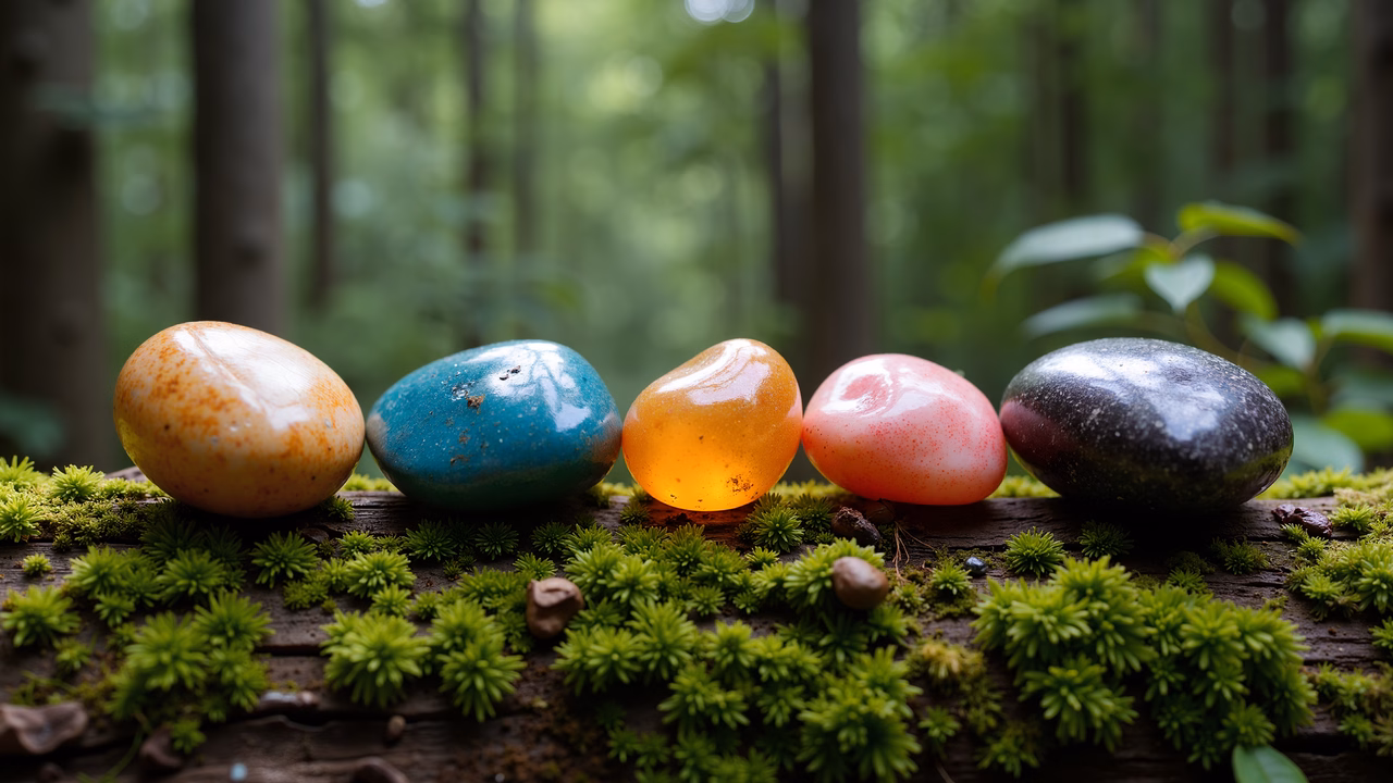 Vibrant stones on a moss-covered log in a forest setting.