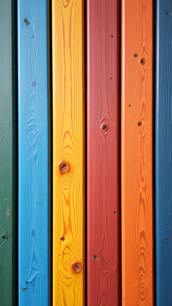 Vibrant wooden planks in primary colors, rustic charm, cheerful atmosphere.