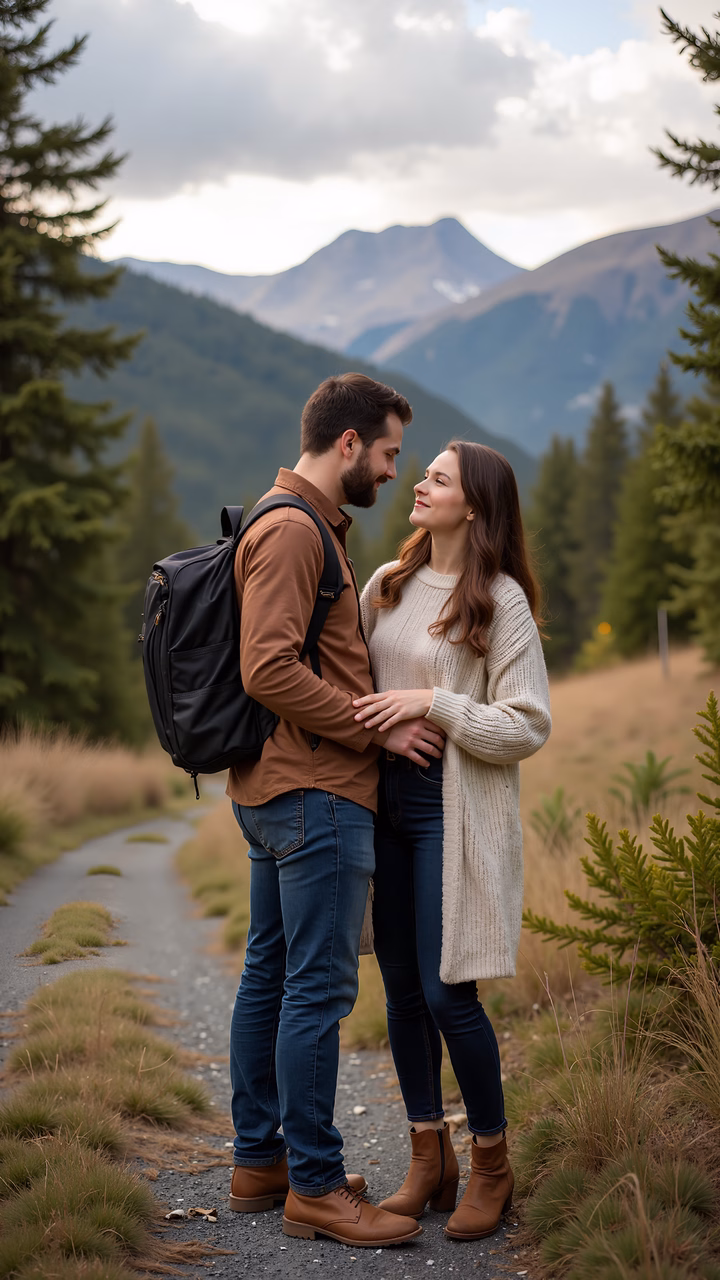 Romantic couple embracing amidst stunning mountain scenery.