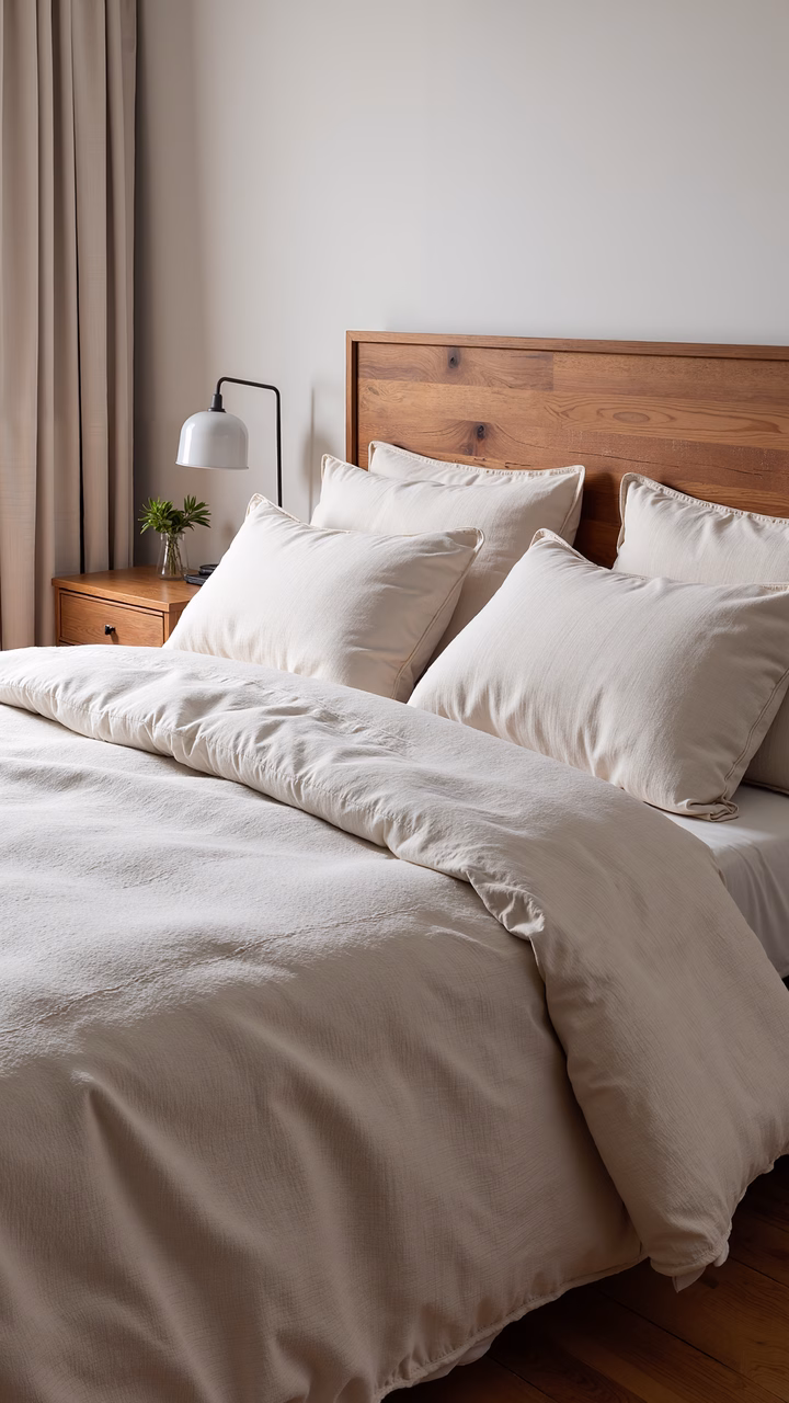 A tranquil bedroom setting with soft beige bedding and natural light.