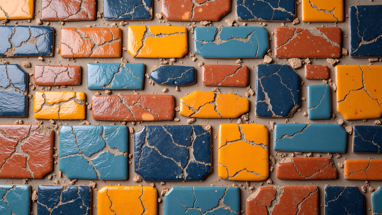 Close-up of colorful cracked tiles against a neutral gray background.