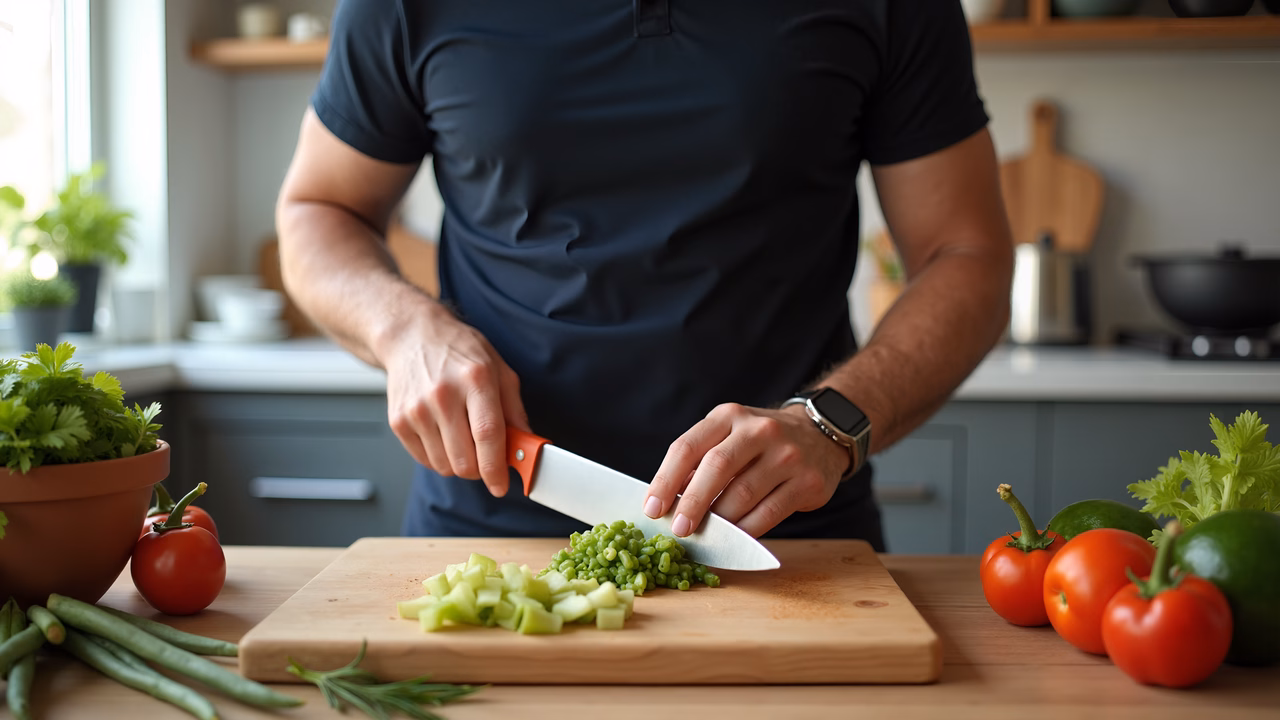 Close-up of hands cutting fresh green peas in a modern kitchen setting.