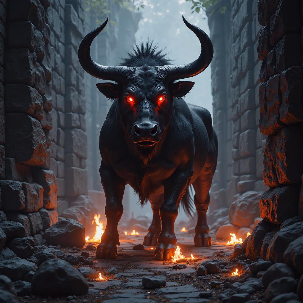 A dark, fiery bull in a stone alleyway, creating a mysterious and ominous tone.