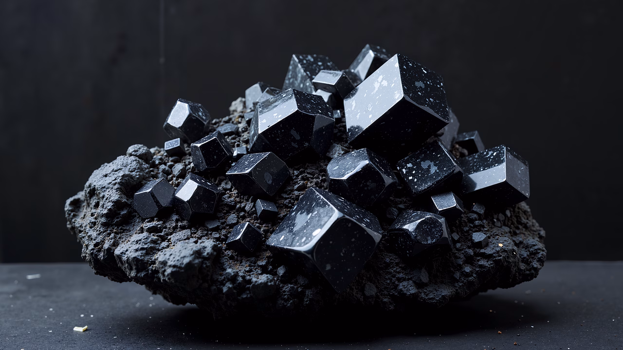 Dark crystal cluster with intricate textures and deep tones.