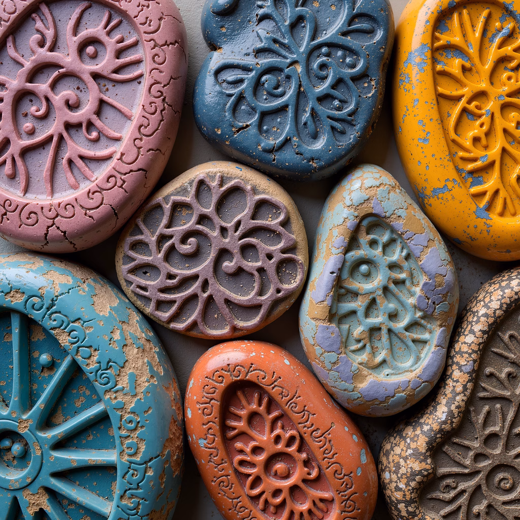 Intricate clay tiles with vibrant colors and detailed patterns.