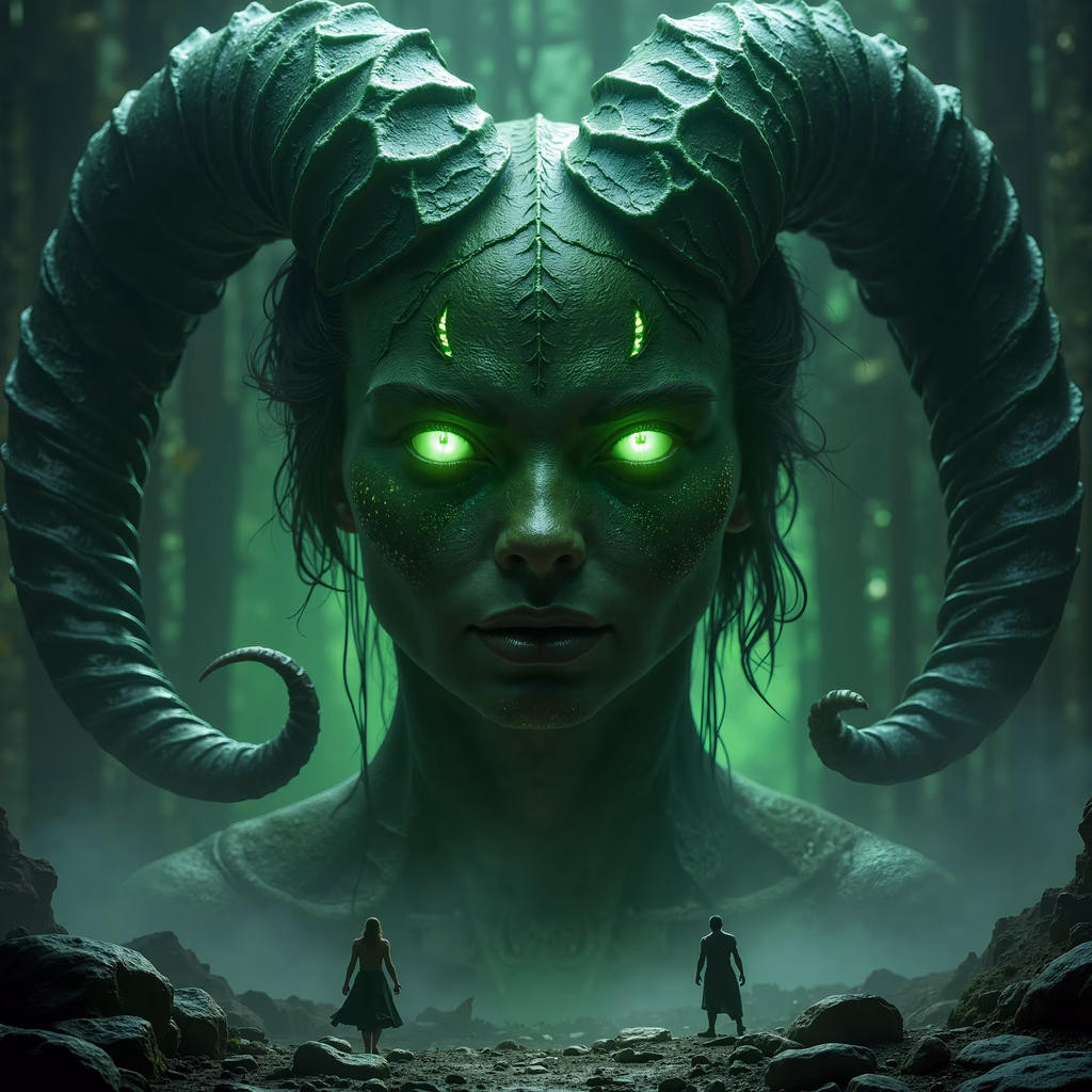 A terrifying demoness looms over two tiny figures in a misty forest.