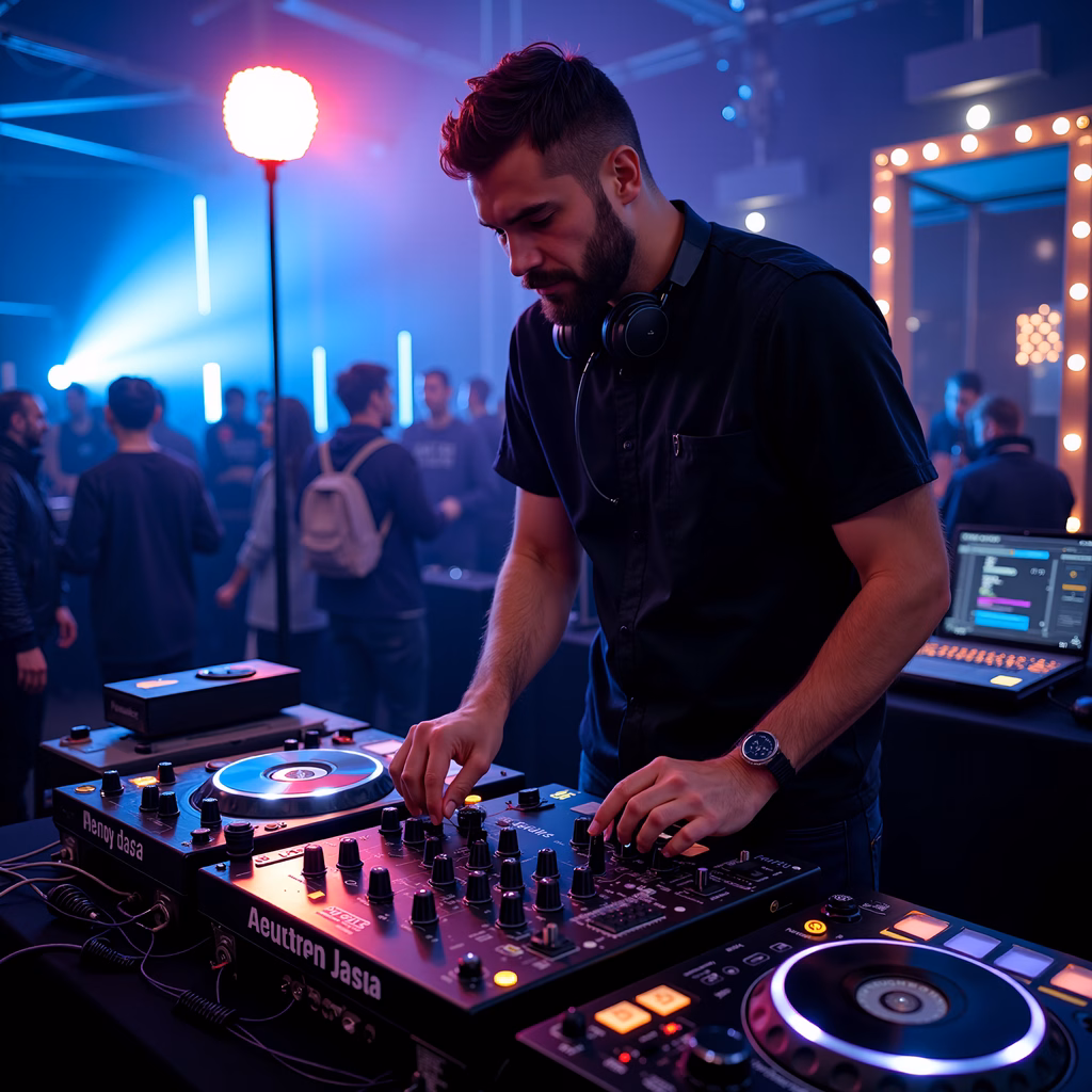 Live DJ performance with vibrant lighting and energetic crowd.