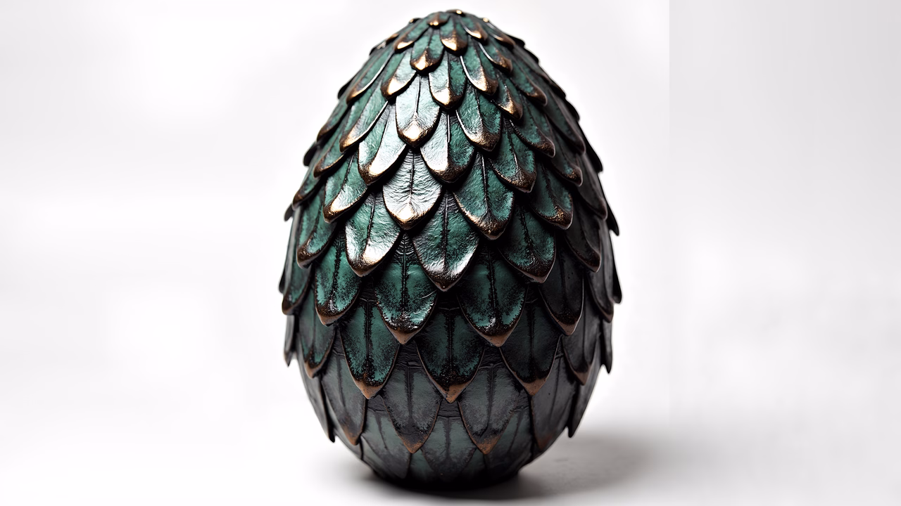 Detailed dragon egg illustration with intricate scales in dark green and bronze tones.