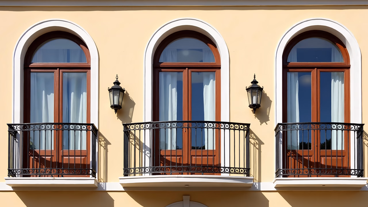 Three elegant balconies with arched windows and ornate railings against a beige wall.